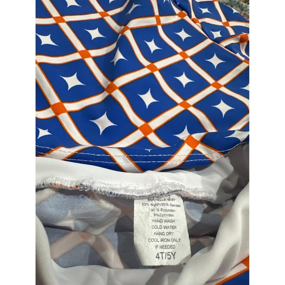 Mia Belle Swimsuit Girls 4T/5Y Blue Orange Geometric Rash Guard Skirt Set EUC‎
